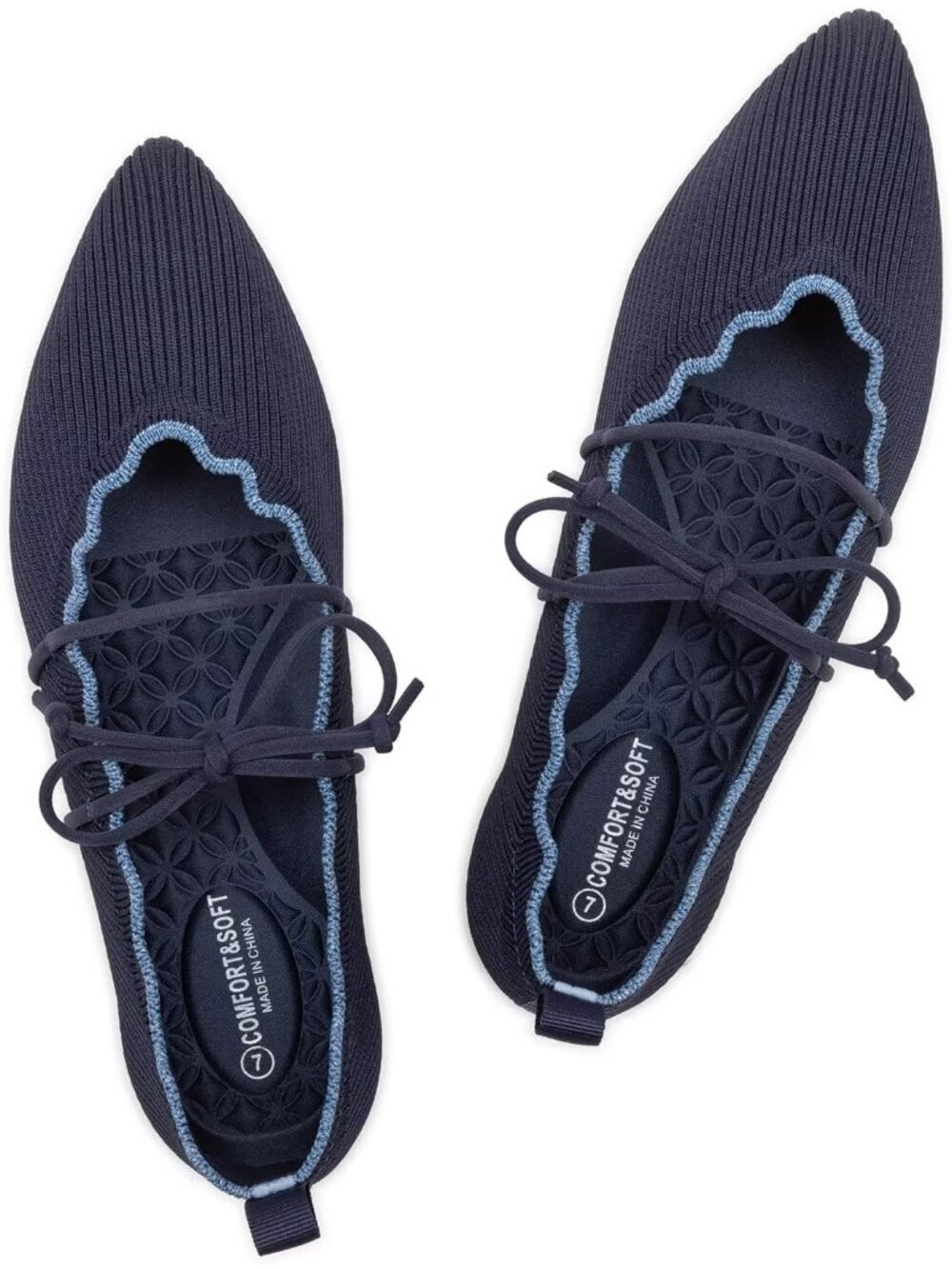 Women's Navy Rubber Knitted Slip On Pointed Toe with Ruffled Vamp Elastic Flats - Picture 5 of 7